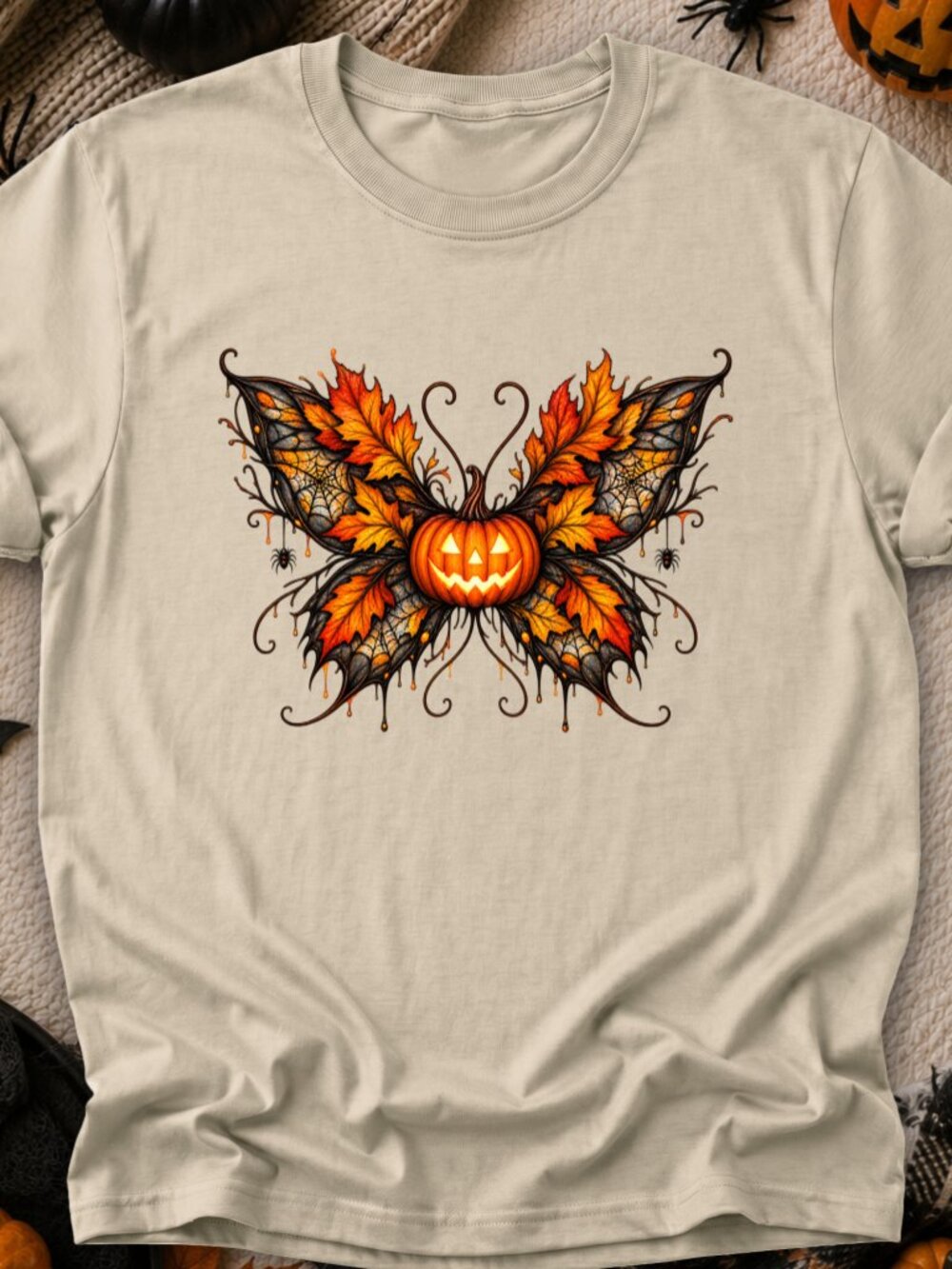 Halloween Pumpkin Butterfly TShirt Graphic Tee Adult Unisex Fall Autumn Leaves